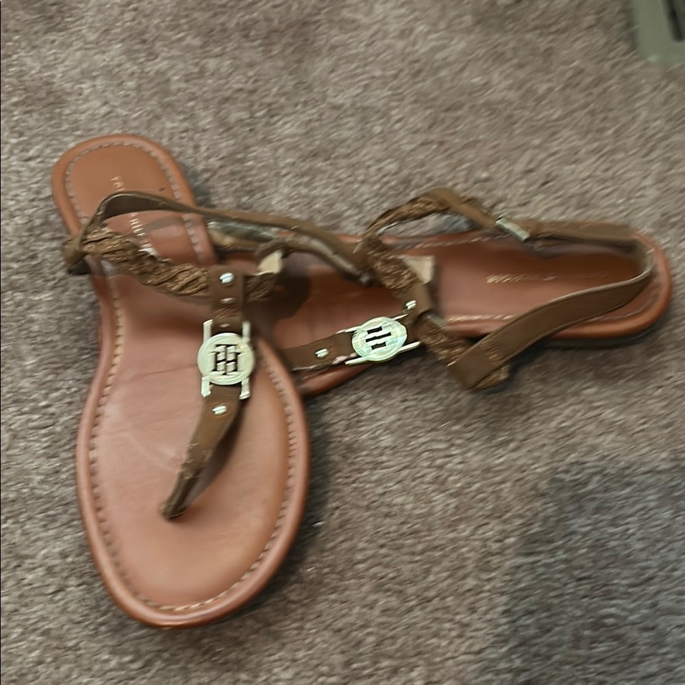 Tommy Hilfiger Brown T-Strap Sandals with Gold Accents